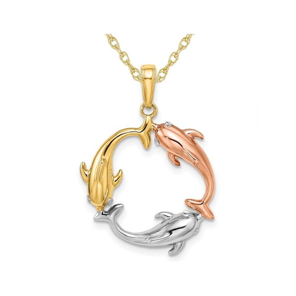 14K Yellow, Pink, White Gold Triple Dolphin Charm Pendant Necklace with Chain